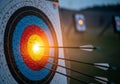 An archery target with several arrows embedded in it, featuring concentric circles in colors blue, Royalty Free Stock Photo