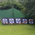 Archery targets outdoors with large green marquee Royalty Free Stock Photo