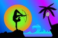 Archery woman with legs on sunset and sea background silhouette vector