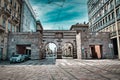 Arches of Ancient Porta Nuova on Alessandro Manzoni street. Porta Nuova is one of the two medieval gates of Milan that still exist