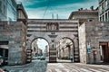 Arches of Ancient Porta Nuova on Alessandro Manzoni street. Porta Nuova is one of the two medieval gates of Milan that still exist