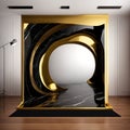 Arches in a black marble wall and columns with golden decor in a dark room 3d . Generative AI Royalty Free Stock Photo