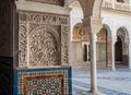 Arches and columns decorated incredible details of stucco yeseria decoration, with sebka motif, arabesques, and muqarnas sculpting