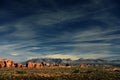 Arches National Park Rocks Formations and Mountains at Sunset Royalty Free Stock Photo