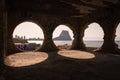 Arches of the ruins of the Manzanera in Calpe, with the Ifach crag in the background, Spain Royalty Free Stock Photo