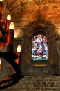 Arches stained glass windows and monumental columns of Santa Maria de Belem church