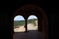 Arches of the west portico from inside the X century mosque of Almonaster la Real. Huelva, Spain