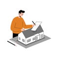 Architect analyzing building plans with detailed flat vector art