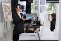 Architect in ar helmet working on architectural project