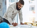 Architect, blueprint and black man writing in office on paper, construction and project planning. Engineer, architecture Royalty Free Stock Photo