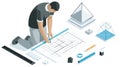 Architect at Blueprint - Drafting Geometric Design with Tools - Isometric View Royalty Free Stock Photo