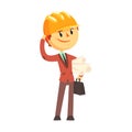 Architect builder in hard hat holding paper rolls cartoon character vector Illustration
