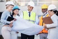 Architect, building and construction team with blueprint in planning strategy, meeting or project layout on site. Group Royalty Free Stock Photo