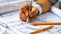 An architect carefully examines architectural plans, using a pencil to trace lines and make revisions Royalty Free Stock Photo