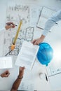 Architect collaboration, construction business and paperwork, meeting and strategy, planning for project. Teamwork Royalty Free Stock Photo