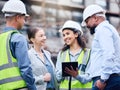 Architect, construction and group working on tablet, project blueprint or engineering planning for work site. People Royalty Free Stock Photo