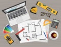 Architect construction planning and creating process with professional tools.