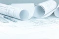 Architect construction plans and blueprints, drawing tools on de Royalty Free Stock Photo
