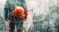 Architect or construction worker working holding safety helmet with modern civil equipment engineering technology. Double exposure Royalty Free Stock Photo