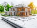 Architect design concept. Modern house model placed on design plan Royalty Free Stock Photo