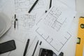 architect design working drawing sketch plans blueprints and making architectural construction model in architect studio Royalty Free Stock Photo