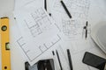 architect design working drawing sketch plans blueprints and making architectural construction model in architect studio Royalty Free Stock Photo