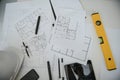 architect design working drawing sketch plans blueprints and making architectural construction model in architect studio Royalty Free Stock Photo