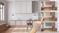 Architect designer concept, hand showing wooden scandinavian kitchen, colors in different options, interior design project draft,