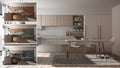 Architect designer concept, kitchen colors different options, interior design project draft, color picker, material sample