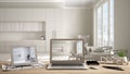 Architect designer concept, laptop and tablet on work desk with screen showing interior design project and CAD sketch, blurred dra