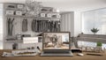 Architect designer desktop concept, laptop on wooden work desk with screen showing interior design project, blueprint draft