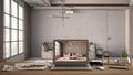 Architect designer desktop concept, laptop on wooden work desk with screen showing interior design project, blueprint draft