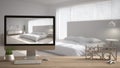 Architect designer project concept, wooden table with keys, letters bedroom design and desktop showing modern bedroom, blurred dra