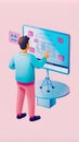 Architect designing blueprint on modern touchscreen interface