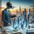 An architect designing a futuristic cityscape in a virtual rea