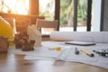 Architect desk ,Business,engineering concept,construction site, soft focus, vintage tone, working with blueprints in the office. Royalty Free Stock Photo