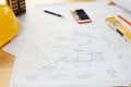 Architect desk ,Business,engineering concept,construction site, soft focus, vintage tone, working with blueprints in the office. Royalty Free Stock Photo