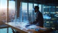 Architect at Drafting Table with AI Hologram AIG60 Royalty Free Stock Photo