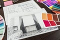 Architect drawing of modern apartament blueprints with color paper material sample on creative desk Royalty Free Stock Photo