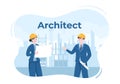 Architect or Engineer Cartoon Illustration using a Multipurpose Board Table to Sketch Building Constructions and Miniature