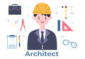 Architect or Engineer Cartoon Illustration using a Multipurpose Board Table to Sketch Building Constructions and Miniature