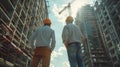 An architect and an engineer standing on scaffolding, overlooking a large construction project, discussing progress and future Royalty Free Stock Photo