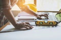 Architect engineer working concept and construction tools or safety equipment on table. Royalty Free Stock Photo