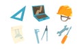 Architect Equipment Set, Laptop Computer, Blueprint, Screwdriver, Triangle, Calipers, Hard Hat Cartoon Vector