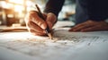 Architect hand drawing blueprint and technical design plan Royalty Free Stock Photo