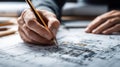 Architect Hand Drawing Construction Blueprints Royalty Free Stock Photo