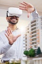 Architect, happy man and virtual reality architecture model, construction and building, future technology and UX. VR