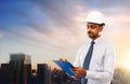 Architect in helmet with clipboard in tokyo Royalty Free Stock Photo