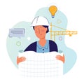 Architect holding drawing paper in construction site with helmet and crane Royalty Free Stock Photo