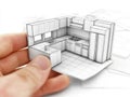 Architect holding miniature kitchen project in hand, 3d rendering Royalty Free Stock Photo